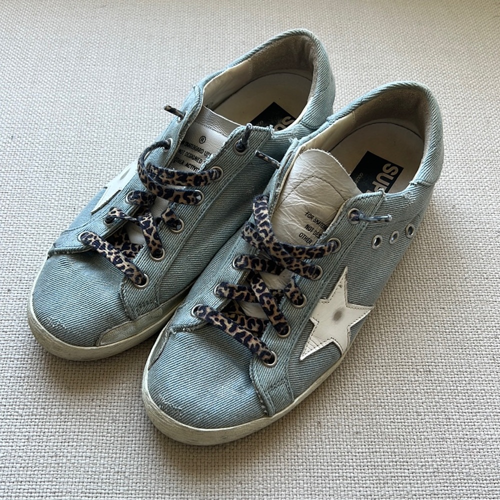 Golden goose superstars with denim, white star and leopard laces 39